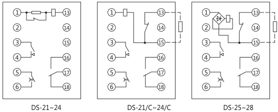 DS-27時(shí)間繼電器內(nèi)部接線及外引接線圖(正視圖) DS-27時(shí)間繼電器內(nèi)部接線及外引接線圖(正視圖)