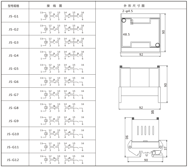 JS-G5端子排靜態時間繼電器內部端子外引圖及安裝開孔尺寸圖片