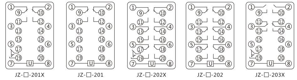 JZY(J)-201X靜態中間繼電器內部接線圖及外引接線圖 JZY(J)-201X靜態中間繼電器內部接線圖及外引接線圖
