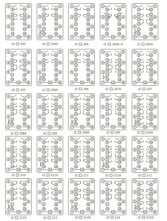 JZY(J)-201X靜態中間繼電器內部接線圖及外引接線圖 JZY(J)-201X靜態中間繼電器內部接線圖及外引接線圖